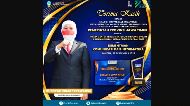 Pemprov Jatim Raih Media Center Provinsi Award Kategori Berita Terbaik Pertama dari Kemenkominfo